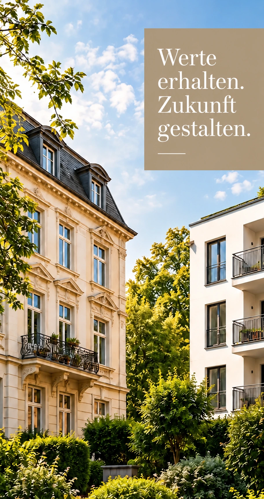Altbau und modernes Wohngebäude an einem begrünten Weg. Werte erhalten. Zukunft gestalten.